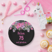 75e verjaardag roze zwart waterverf bloemig papieren bordje (Feest)