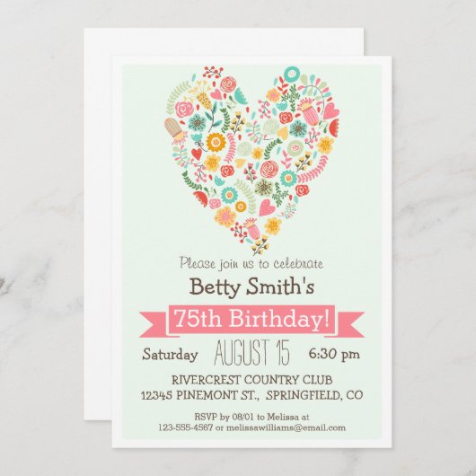 75e verjaardag, Schattigee Bloemen Hart Verjaardag Kaart (Voorkant / Achterkant)