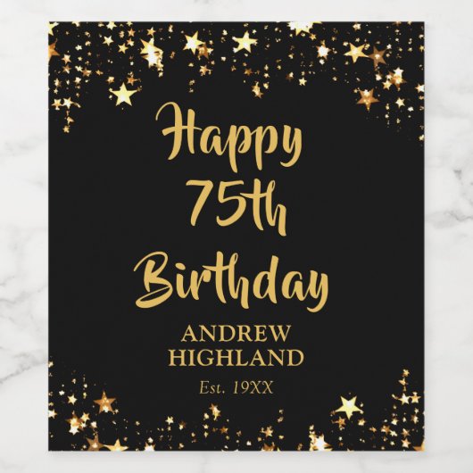 75e verjaardag Stijlvolle zwart gouden sterren naa Wijn Etiket (Enkel label)