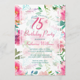 75e verjaardag Tropische Bloemen Roze Pioenenfeest Kaart