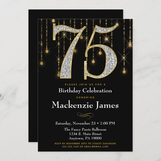 75e verjaardag Uitnodiging Black Gold Diamonds Adu (Voorkant / Achterkant)