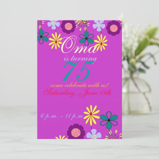 75e verjaardag - Uitnodiging voor kleurrijke en fe (Staand voorkant)
