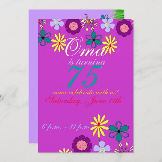75e verjaardag - Uitnodiging voor kleurrijke en fe (Voorkant / Achterkant)