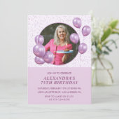 75e verjaardag Uitnodigingen Ballonnen Foto Paarse (Staand voorkant)