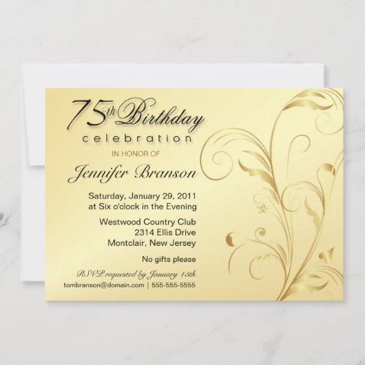 75e verjaardag Verrassingsfeest - Elegant Gold Flo Kaart (Voorkant)