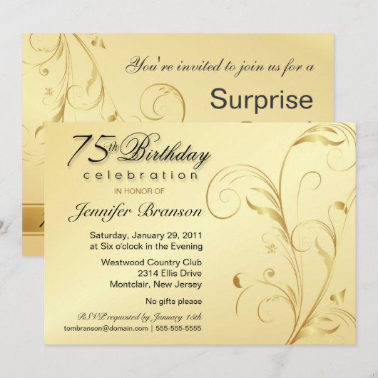 75e verjaardag Verrassingsfeest - Elegant Gold Flo Kaart (Voorkant / Achterkant)