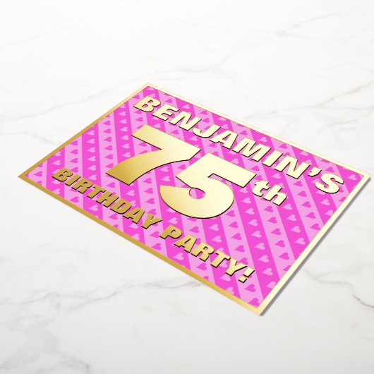 75e verjaardag - vuurroze harten en strips folie uitnodiging (Gedraaid)