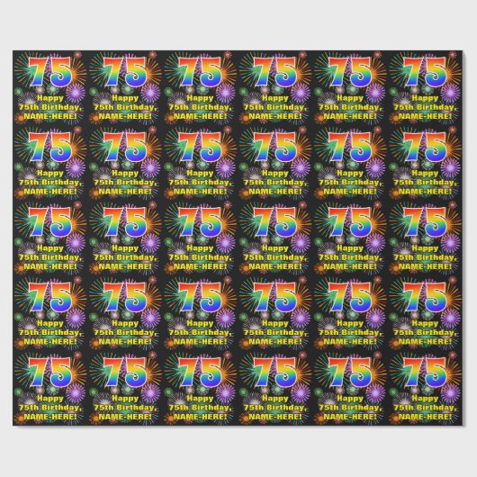 75e verjaardag: vuurwerk, regenboogblik # "75" cadeaupapier (Vlak)