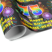 75e verjaardag: vuurwerk, regenboogblik # "75" cadeaupapier (Rol Hoek)