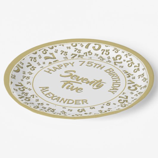 75e verjaardag Willekeurig nummer Patroon Goud/Wit Papieren Bordje (Gekanteld)