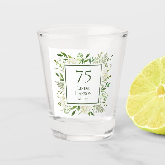 75e verjaardag Witte Hortensia's Shot Glas (Voorkant)