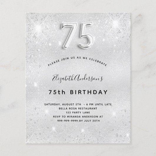 75e verjaardag zilveren glitter budgetuitnodiging (Voorkant)