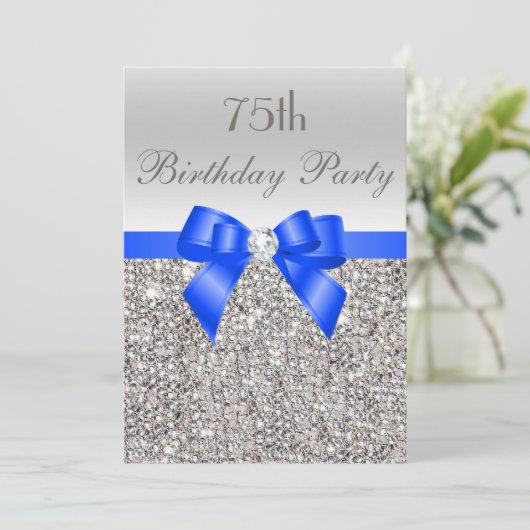 75e verjaardag Zilveren Sequin Royal Blue Bow Diam Kaart (Staand voorkant)