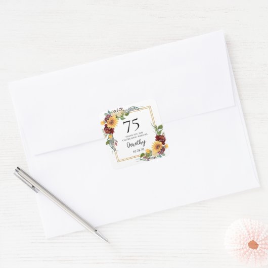 75e verjaardag zonnebloemen dank u vierkante sticker (Envelop)