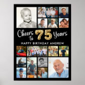 75e Verjaardag Zwart Goud 16 Foto Hoera voor Jaren Poster (Voorkant)