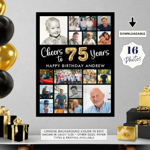 75e Verjaardag Zwart Goud 16 Foto Hoera voor Jaren Poster