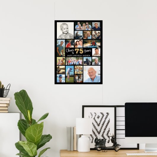 75e Verjaardag Zwart Goud 21 Foto Hoera voor Jaren Poster (Thuiskantoor)