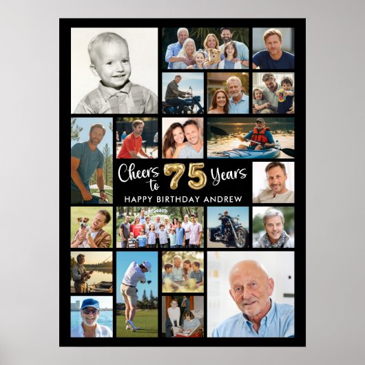 75e Verjaardag Zwart Goud 21 Foto Hoera voor Jaren Poster (Voorkant)