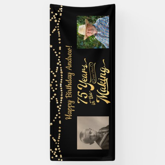 75e verjaardag zwart gouden string lichten retro f spandoek (Verticaal)