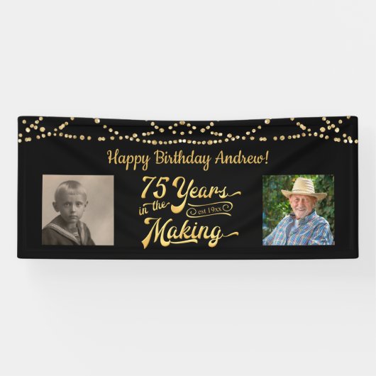 75e verjaardag zwart gouden string lichten retro f spandoek (Horizontaal)