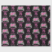 75e verjaardag zwart roze bloemen cadeaupapier (Vlak)