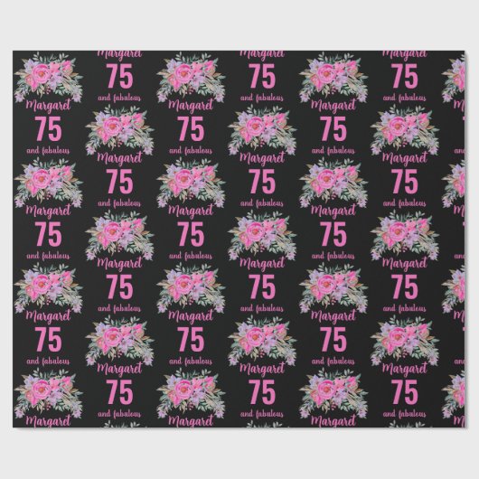 75e verjaardag zwart roze bloemen cadeaupapier (Vlak)