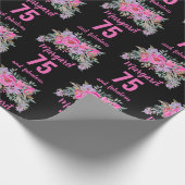 75e verjaardag zwart roze bloemen cadeaupapier (Hoek)