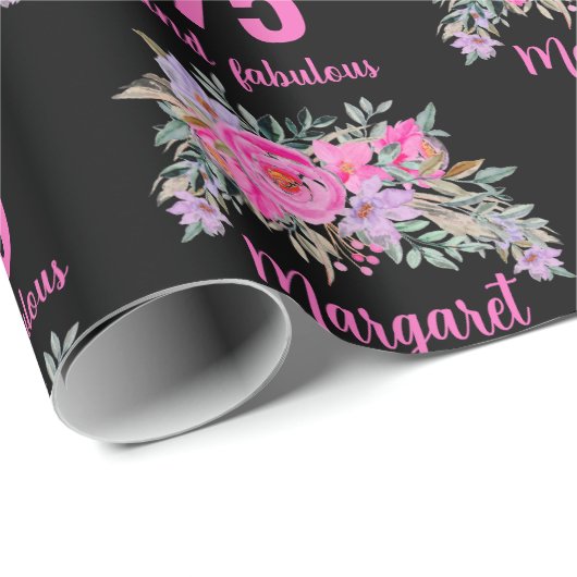 75e verjaardag zwart roze bloemen cadeaupapier (Rol Hoek)