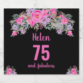75e verjaardag zwart roze bloemen sparkling wijnetiket (Enkel label)