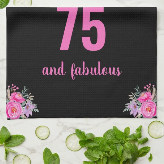 75e verjaardag Zwart Roze Bloemen Uniek Theedoek (Gevouwen)
