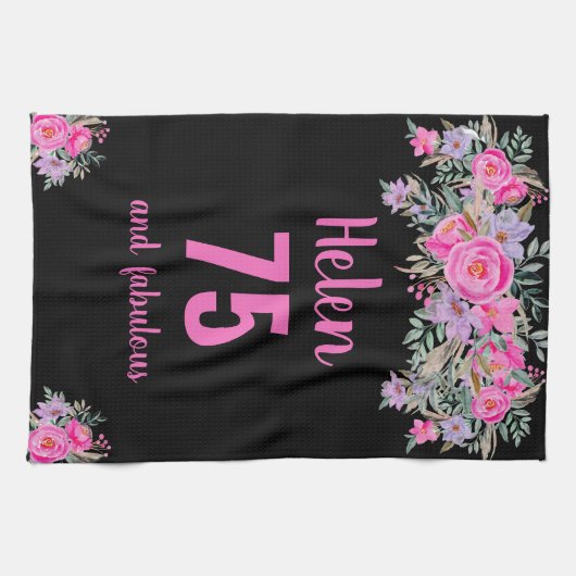 75e verjaardag Zwart Roze Bloemen Uniek Theedoek (Horizontaal)