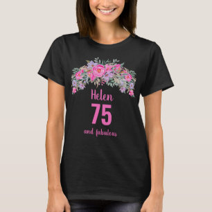 75e verjaardag zwart roze bloemennaam t-shirt