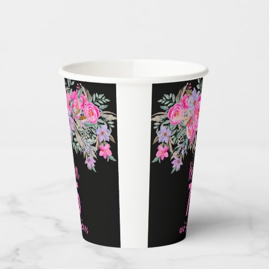 75e verjaardag zwart roze bloemenpapier bekers (Links)