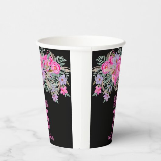75e verjaardag zwart roze bloemenpapier bekers (Rechts)