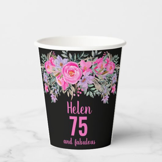 75e verjaardag zwart roze bloemenpapier bekers (Voorkant)