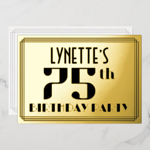 75e verjaardagsfeest: Art Deco-look “75” en naam Folie Uitnodiging