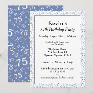 75e Verjaardagsfeest Blauw en Wit Getal Patroon Kaart