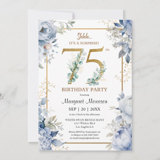 75e Verjaardagsfeest Elegant Dusty Blue Floral Kaart (Voorkant)