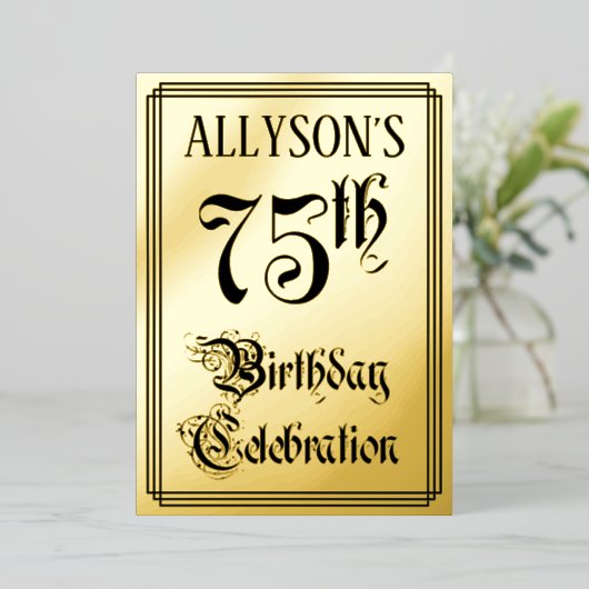 75e Verjaardagsfeest — Elegante Script + Aangepast Folie Uitnodiging (Staand Voorkant)