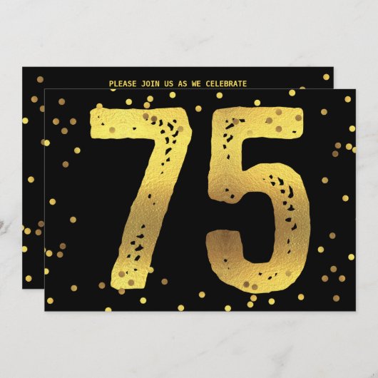 75e Verjaardagsfeest Faux Gold Foil Confetti Zwart Kaart (Voorkant / Achterkant)