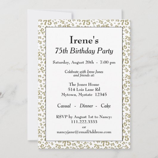75e Verjaardagsfeest Goud en Wit Getal Patroon Kaart (Voorkant)
