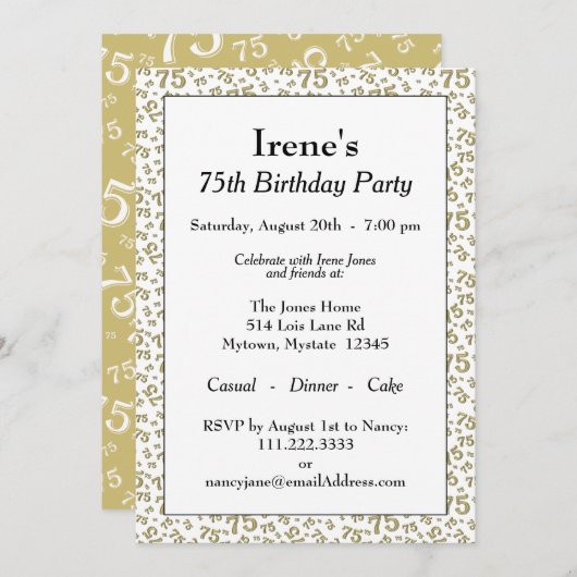 75e Verjaardagsfeest Goud en Wit Getal Patroon Kaart (Voorkant / Achterkant)