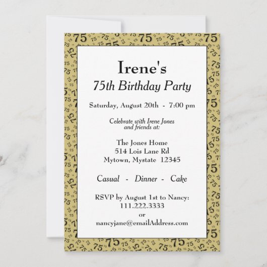 75e Verjaardagsfeest Goud en Zwart Getal Patroon Kaart (Voorkant)