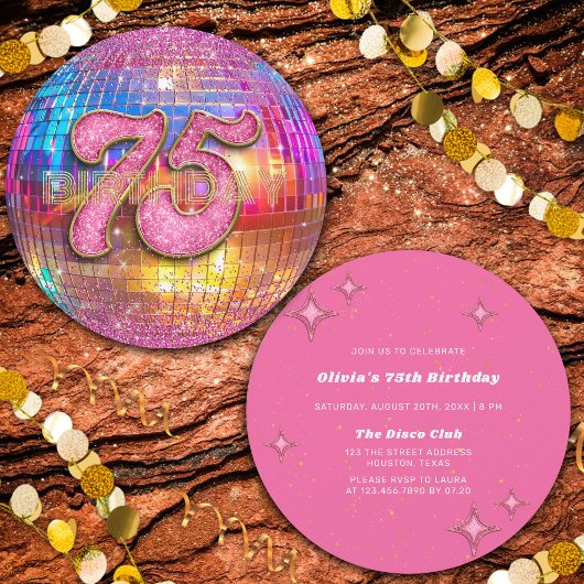 75e Verjaardagsfeest Goud Roze Glitter Disco Bal Kaart