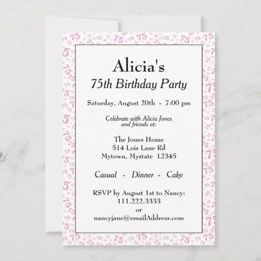 75e verjaardagsfeest Roze en wit cijferpatroon Kaart (Voorkant)