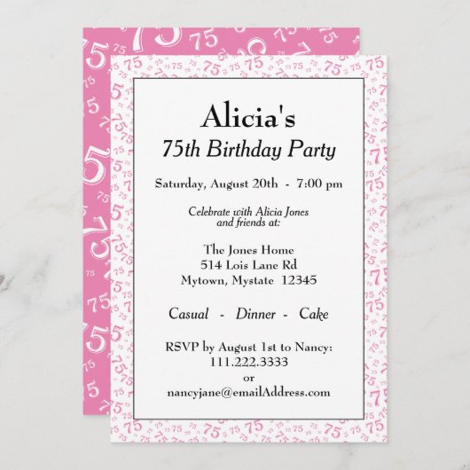 75e verjaardagsfeest Roze en wit cijferpatroon Kaart (Voorkant / Achterkant)