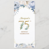 75e verjaardagsfeest Stofblauwe Pioen Gouden Menu (Achterkant)