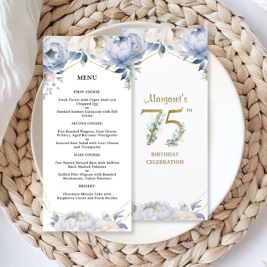75e verjaardagsfeest Stofblauwe Pioen Gouden Menu