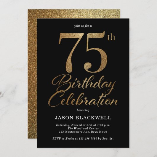 75e verjaardagsfeest zwart en goud kaart (Voorkant / Achterkant)