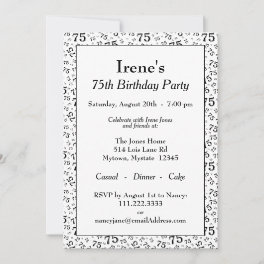 75e verjaardagsfeest zwart-wit getallenpatroon kaart (Voorkant)